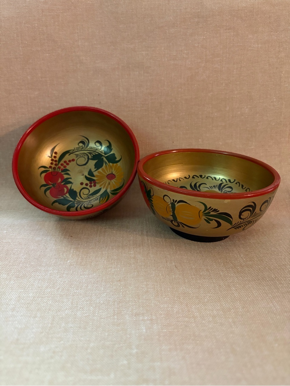 Vintage Russian Khokhloma wooden bowls.